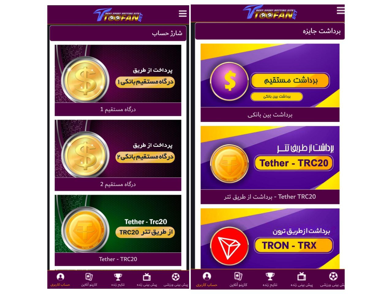 شارژ و برداشت در اپلیکیشن طوفان بت